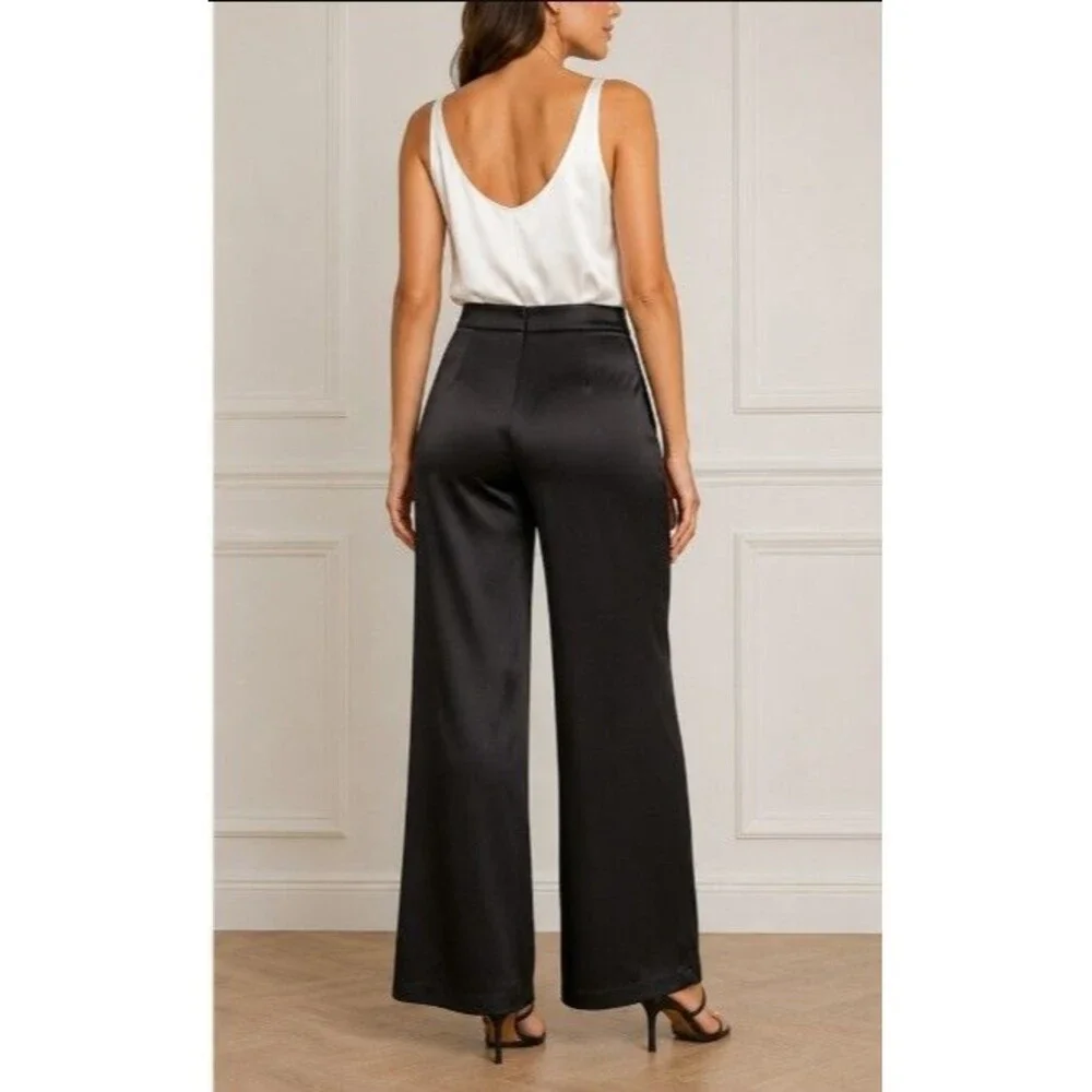 Michael Kors Black Satin Wide Leg Trousers Women's Size 10 Elegant Dress Pants